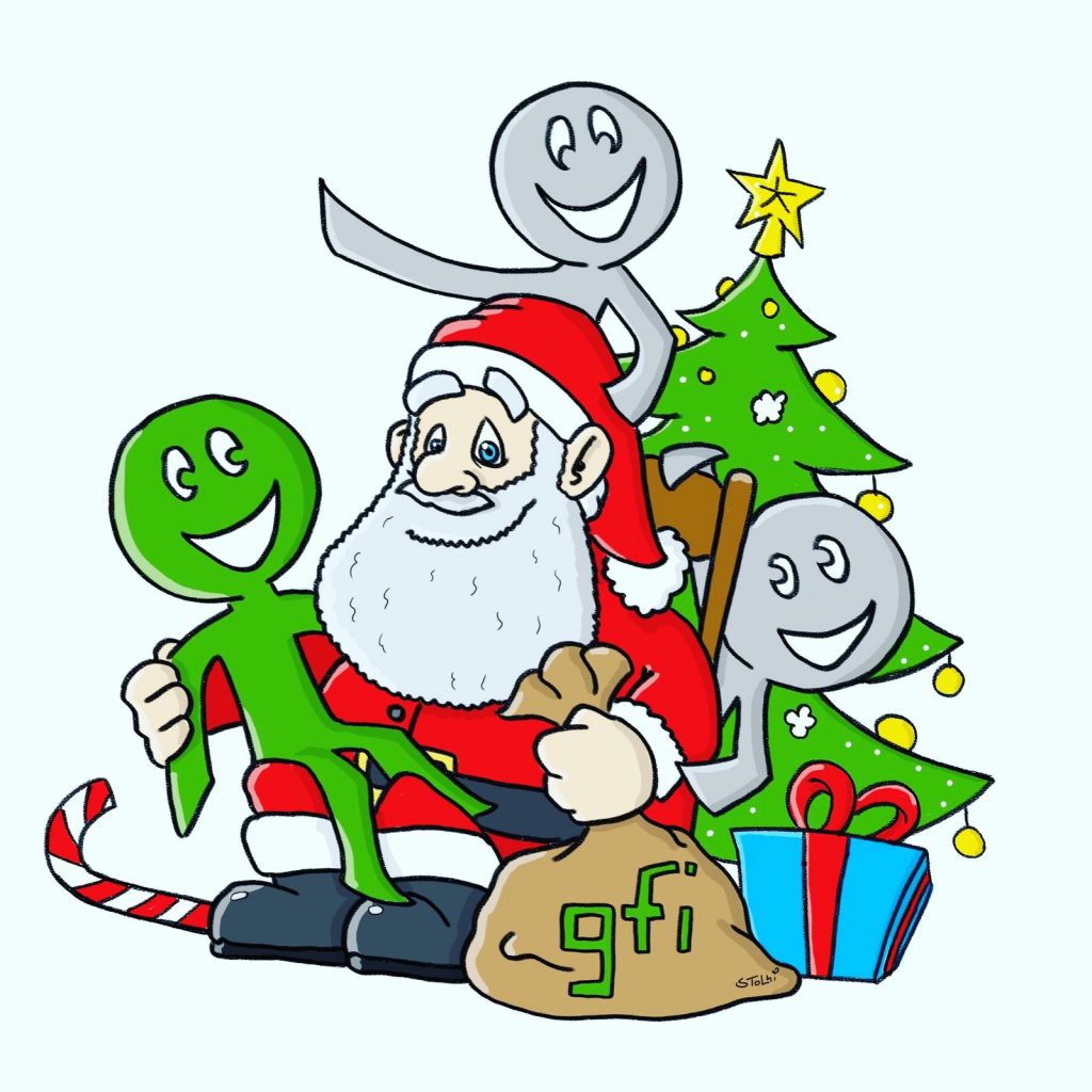 Cartoon-Weihnachtsmann mit gfi-Logo